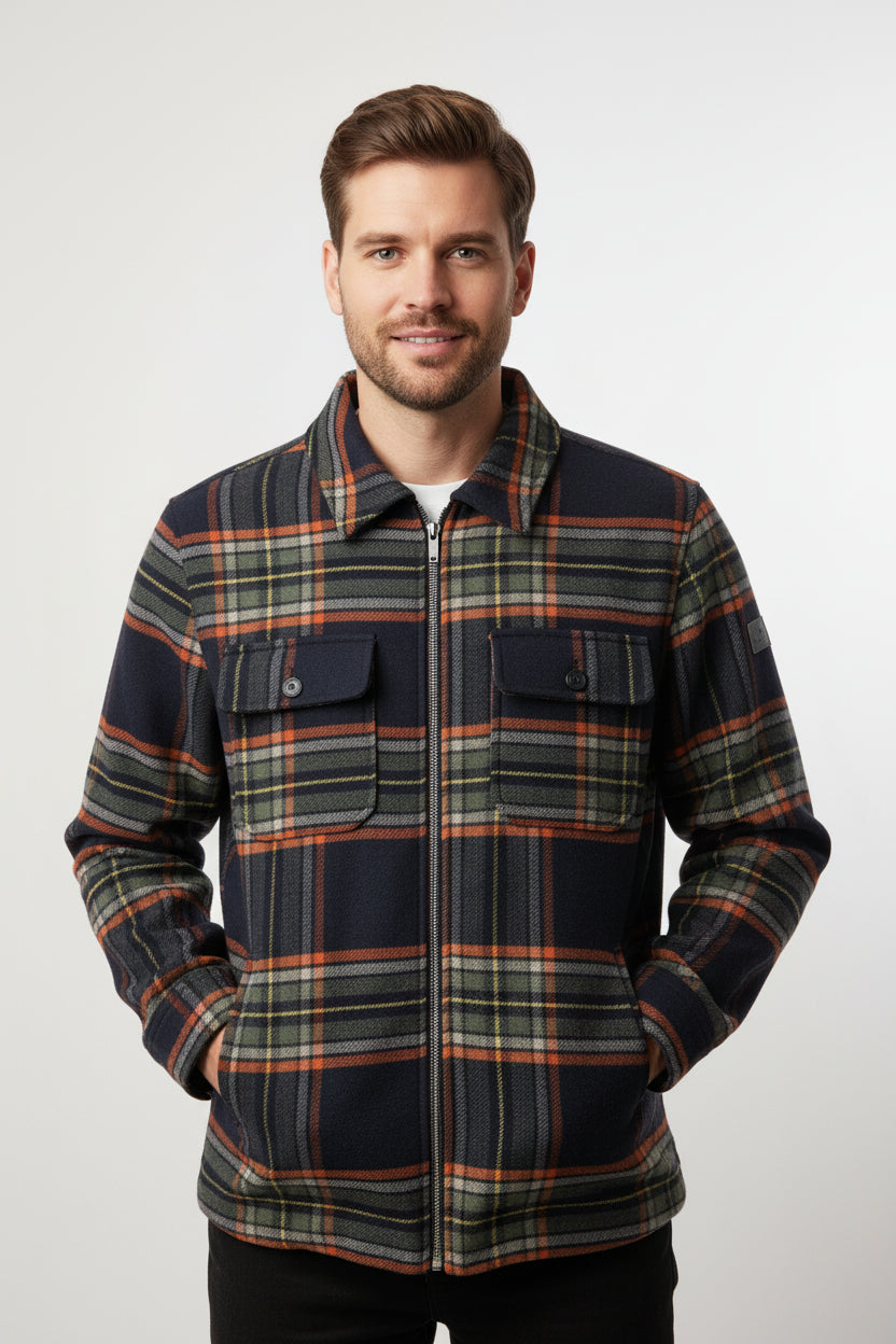 a man wearing a Fynch-Hatton zip Shacket Plaid shirt with a collar on a white background
