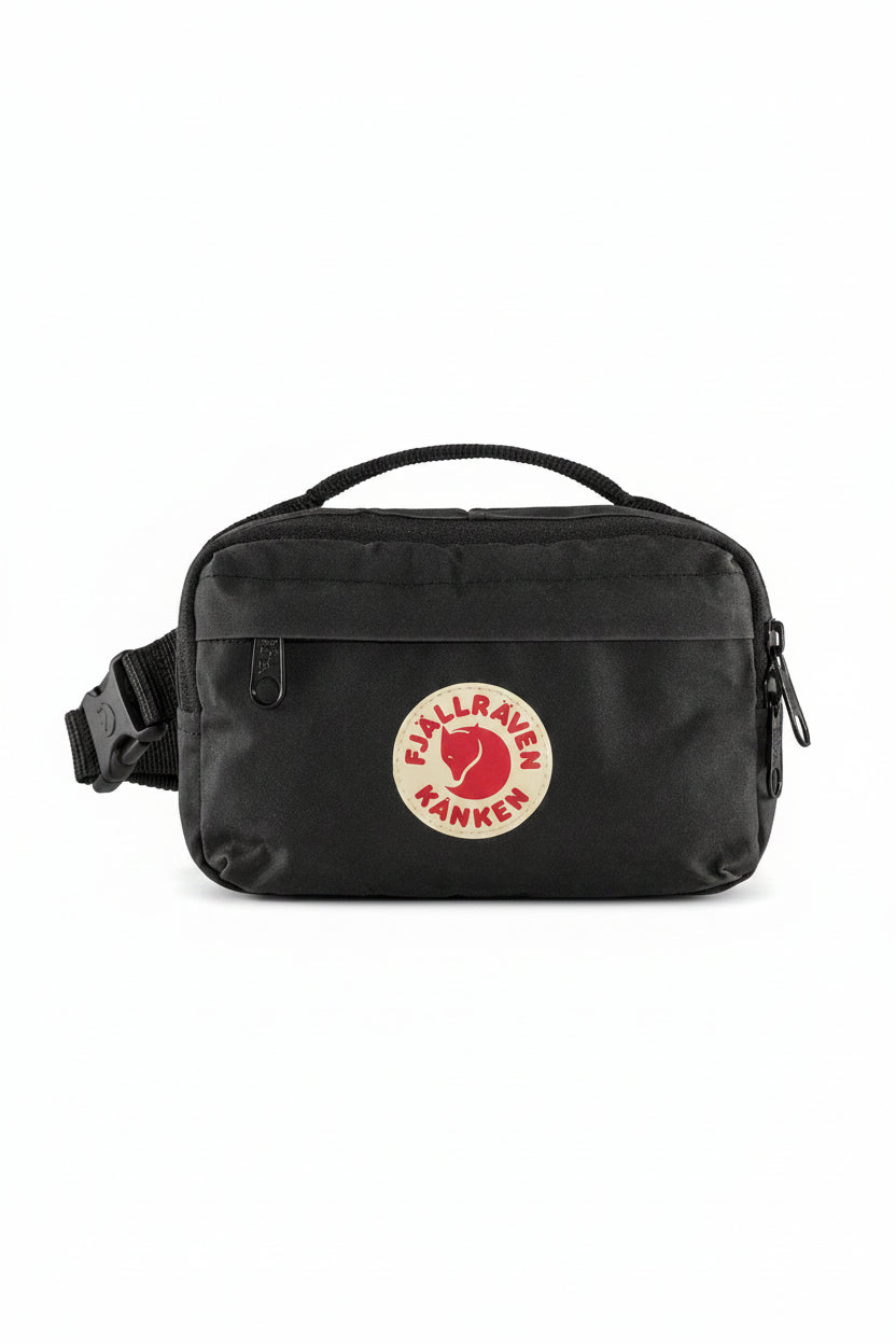 Black waist bag with Fjällräven Kånken logo on a white background