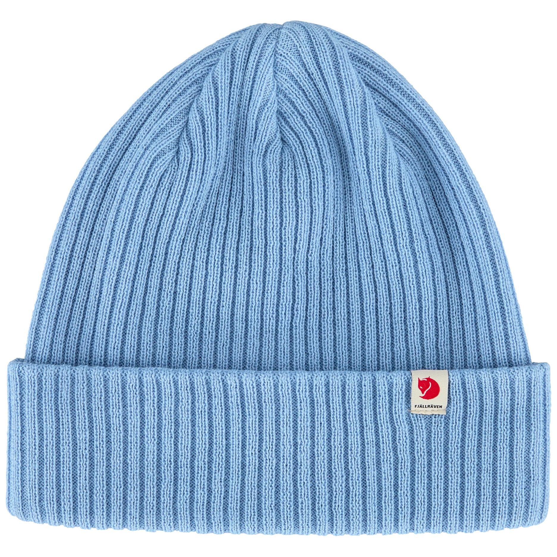 A light blue Fjallraven ribbed knit beanie hat with a folded cuff, featuring a small red and white Fjällevär logo patch on the front right side, set against a plain white background.