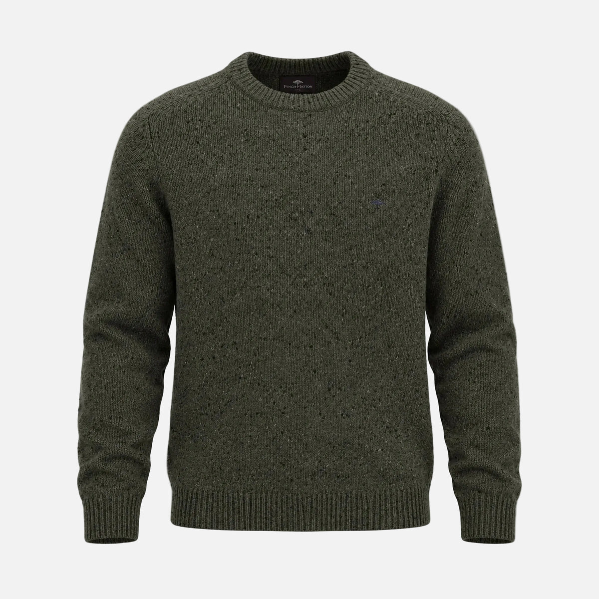 An olive green knit crewneck sweater with a textured, heathered weave, shown on a neutral light gray background.