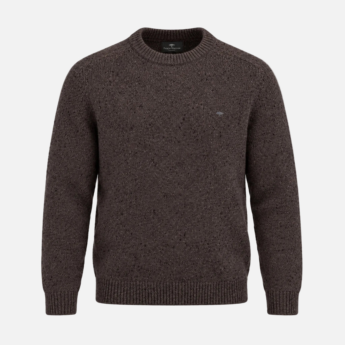 A dark brown textured knit crewneck sweater with a small embroidered logo on the left chest, displayed on a neutral light gray background.