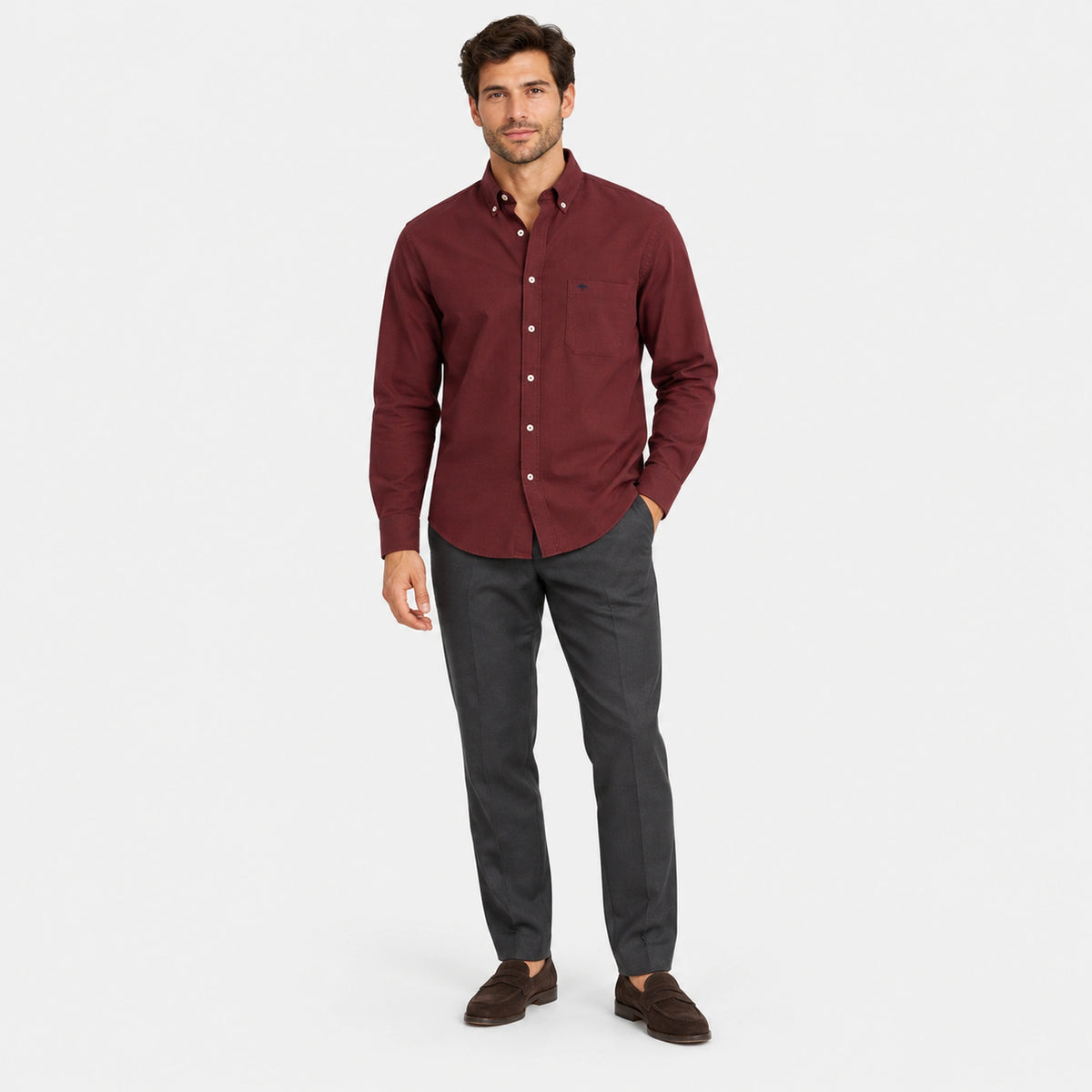 A man wearing Fynch-Hatton Textured Cotton Button-Down Shirt – Brick | 16109130