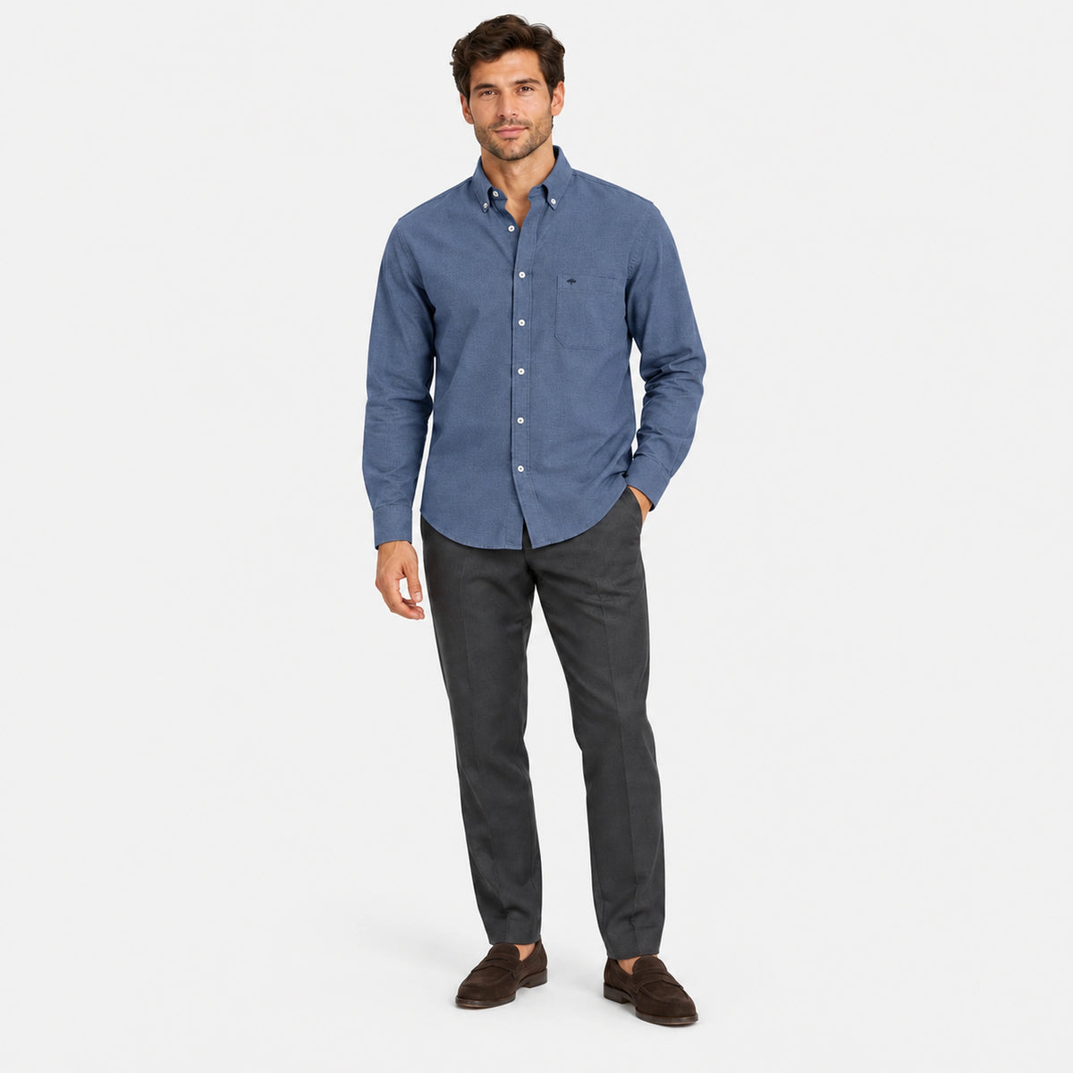 A man wearing Fynch-Hatton Textured Cotton Button-Down Shirt – Air Blue | 16109130