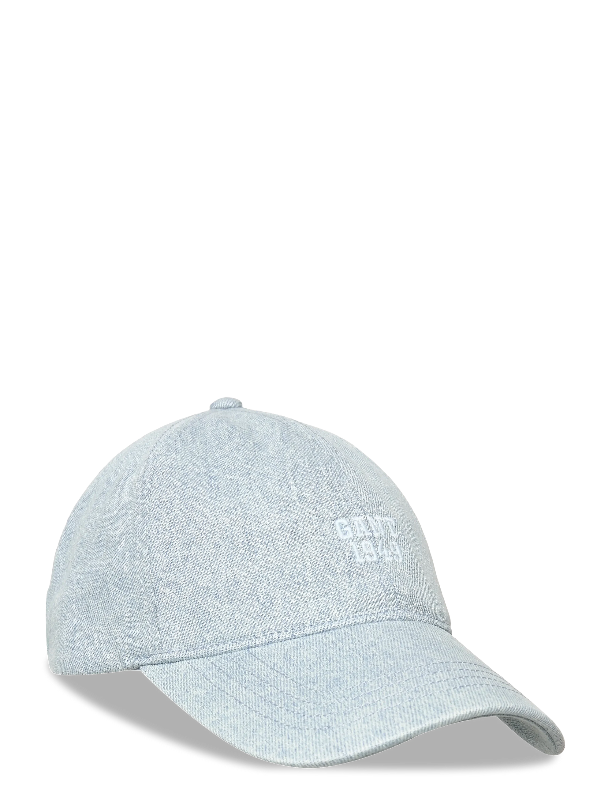 Light blue baseball cap with text on a white background