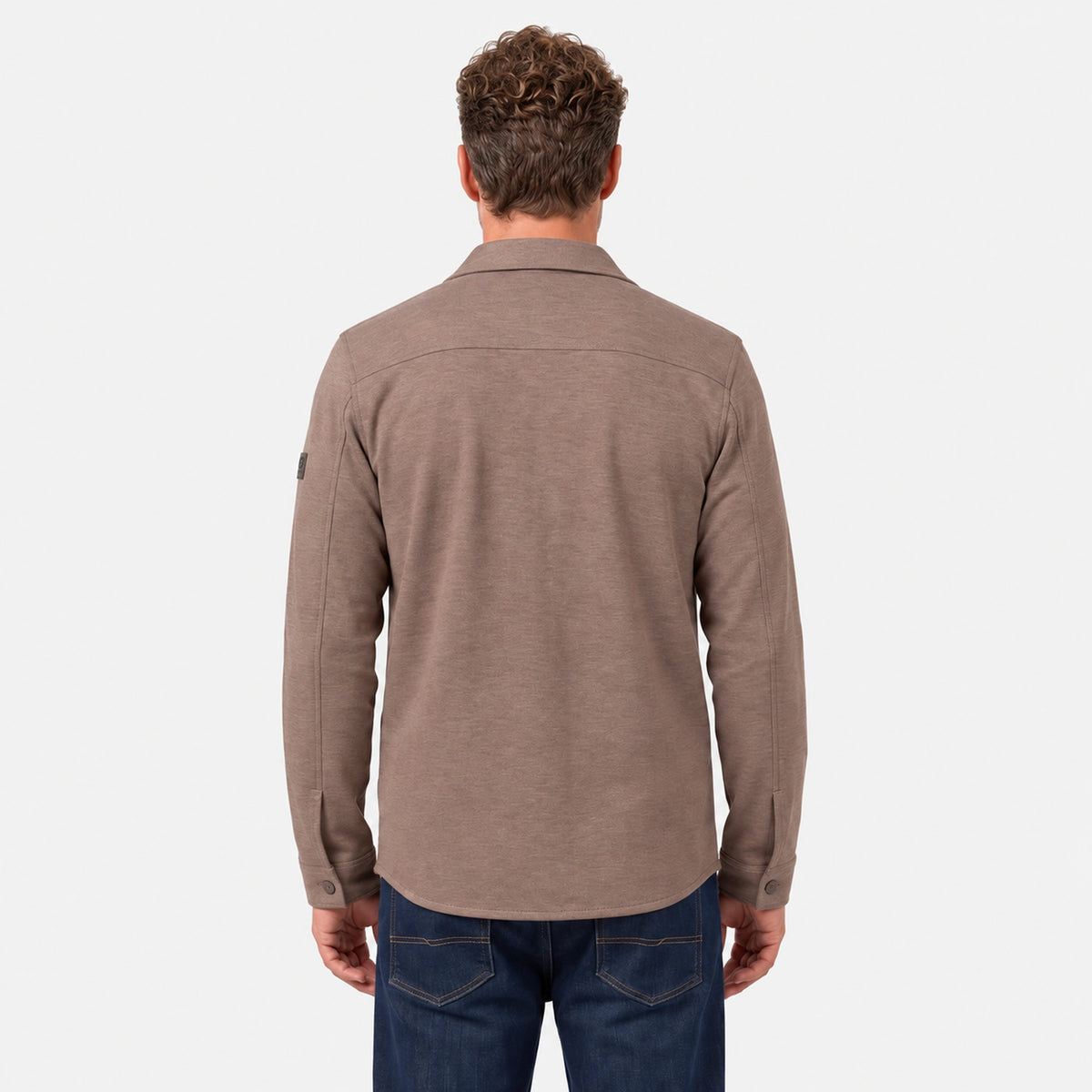 Rear view of the Giordano Taranto Shell beige overshirt, showing the melange fabric and curved hem.