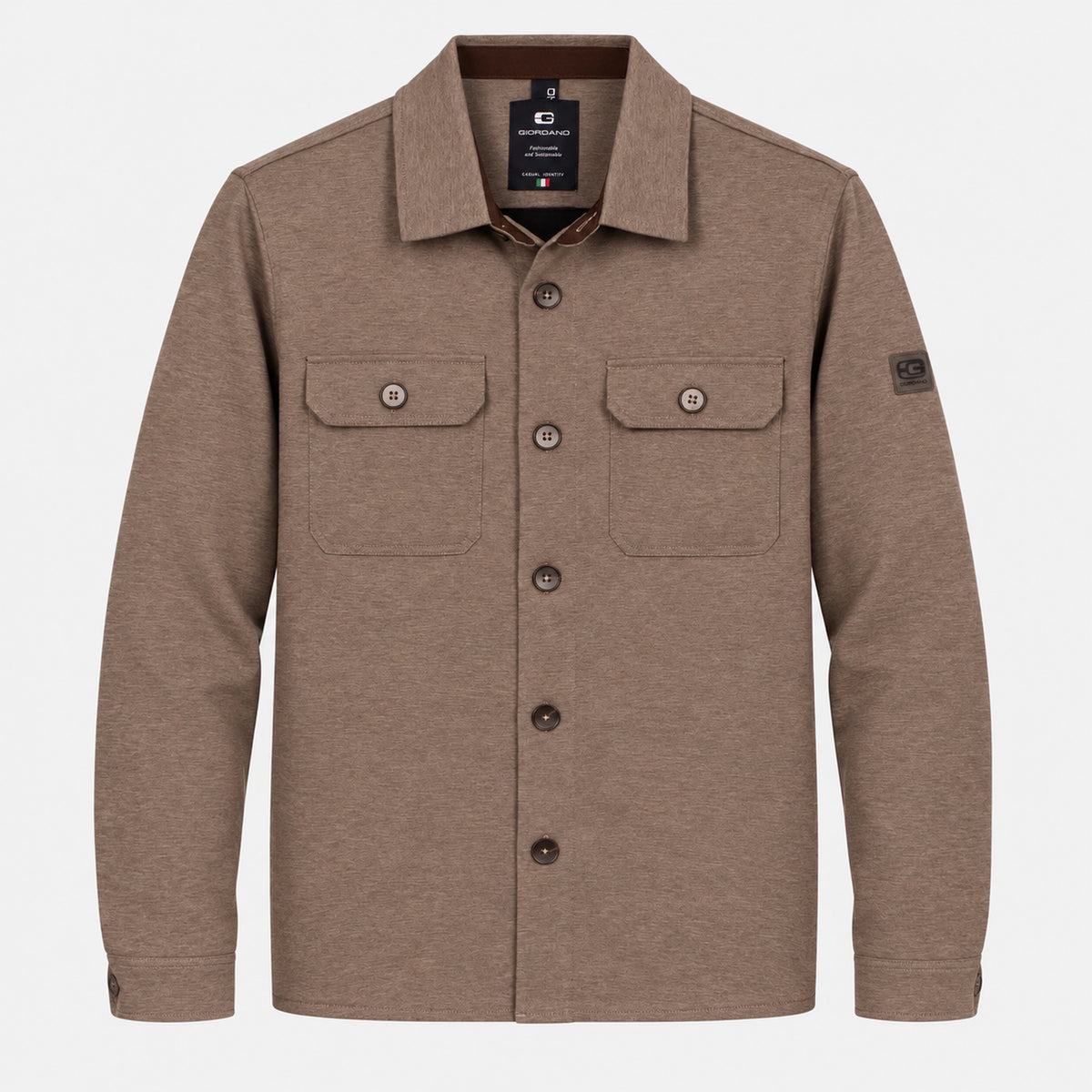 Giordano Taranto Shell beige overshirt on a ghost mannequin, showing the button front, twin chest pockets and long sleeves.