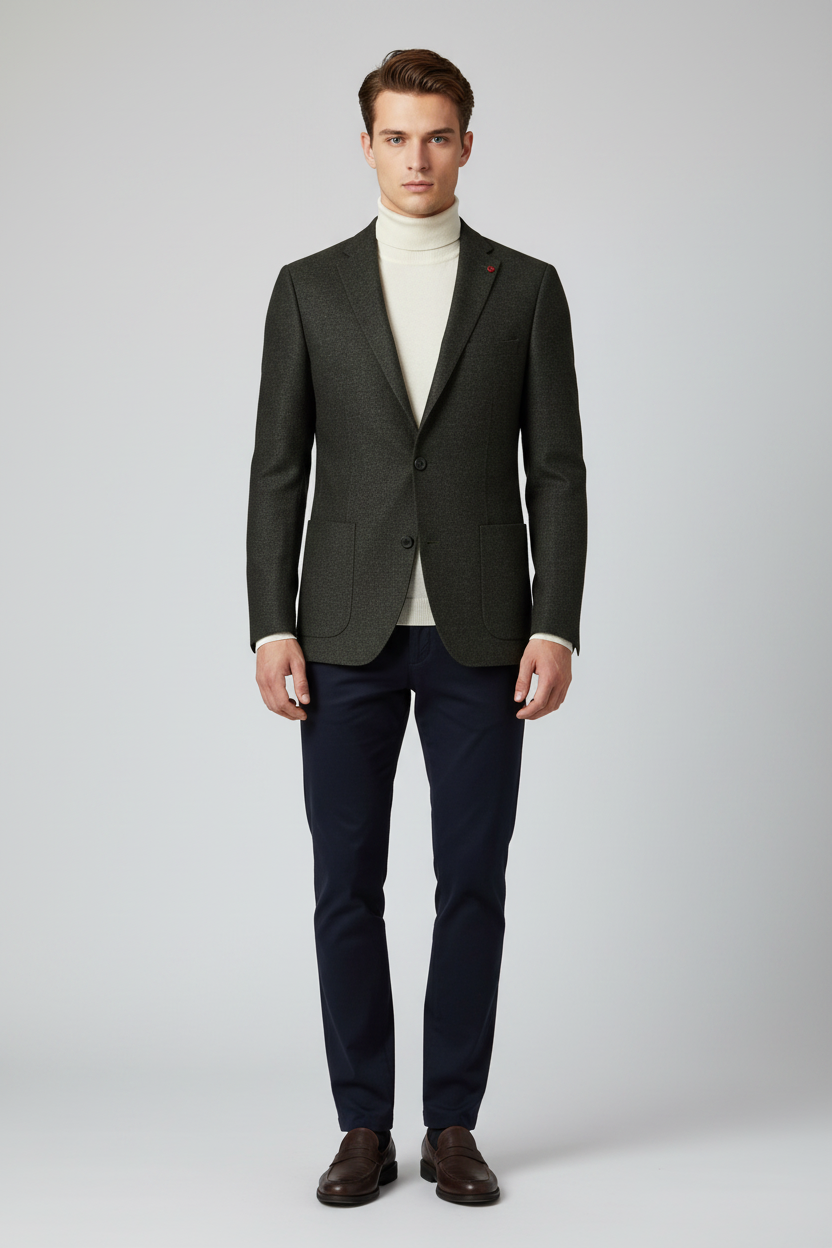A dark green textured blazer with notch lapels, a two-button front closure, and front patch pockets, shown against a plain white background.