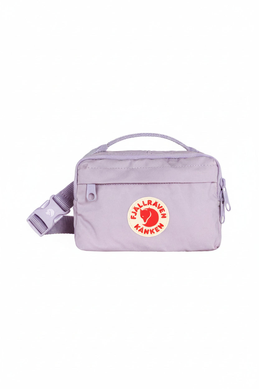 Purple waist bag with Fjällräven Kånken logo on a white background