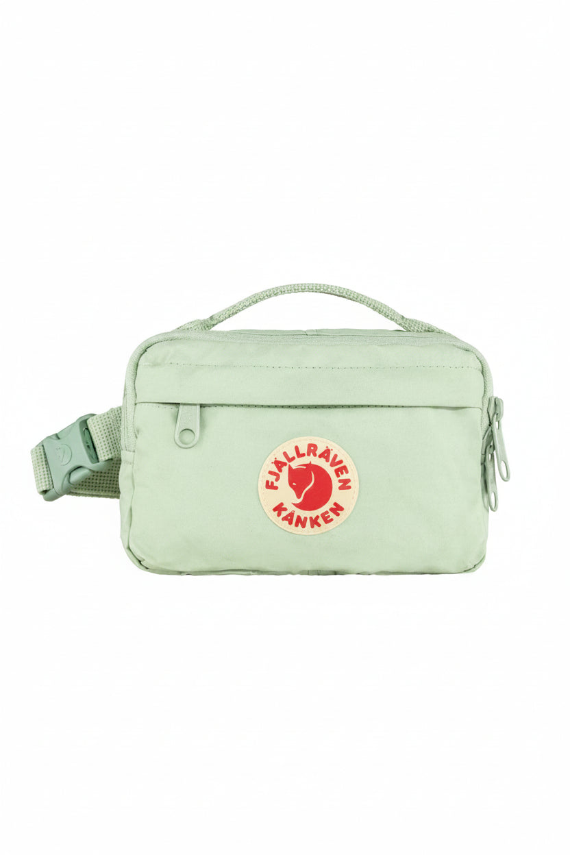 Mint green pouch with Fjällräven Kånken logo on a white background