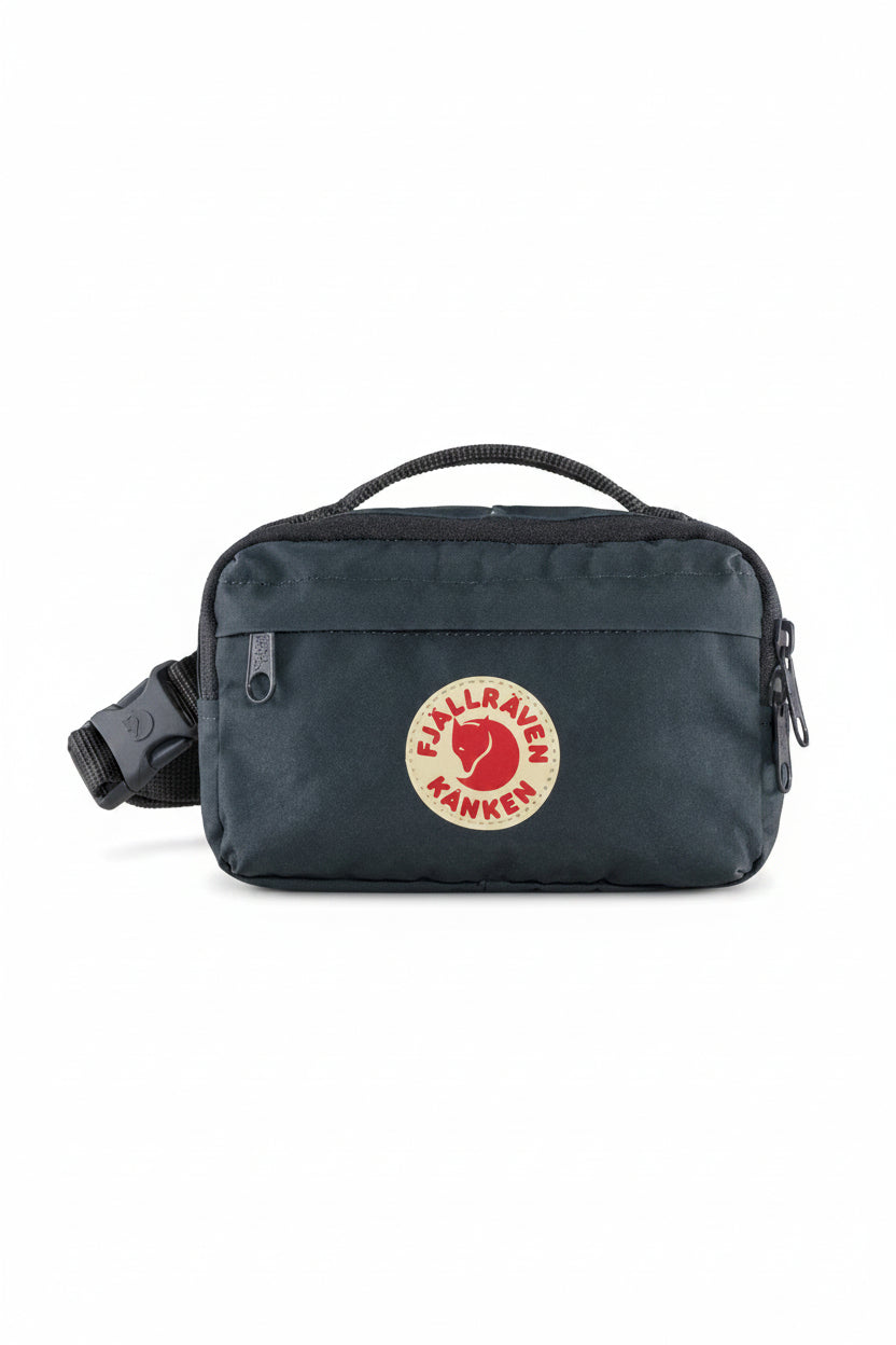 Navy waist bag with Fjällräven Kånken logo on a white background