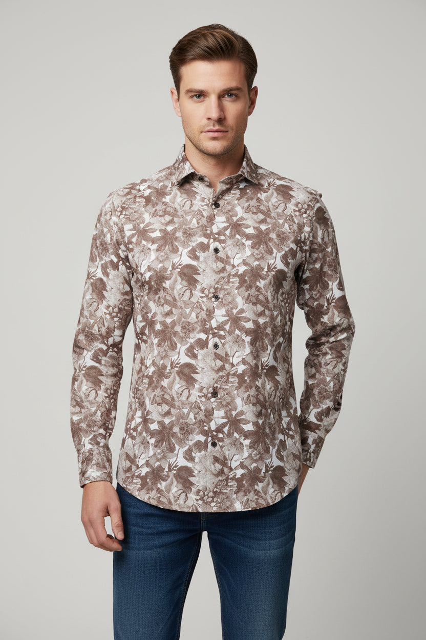 Man weaing a Olymp Brown Floral print with a white background
