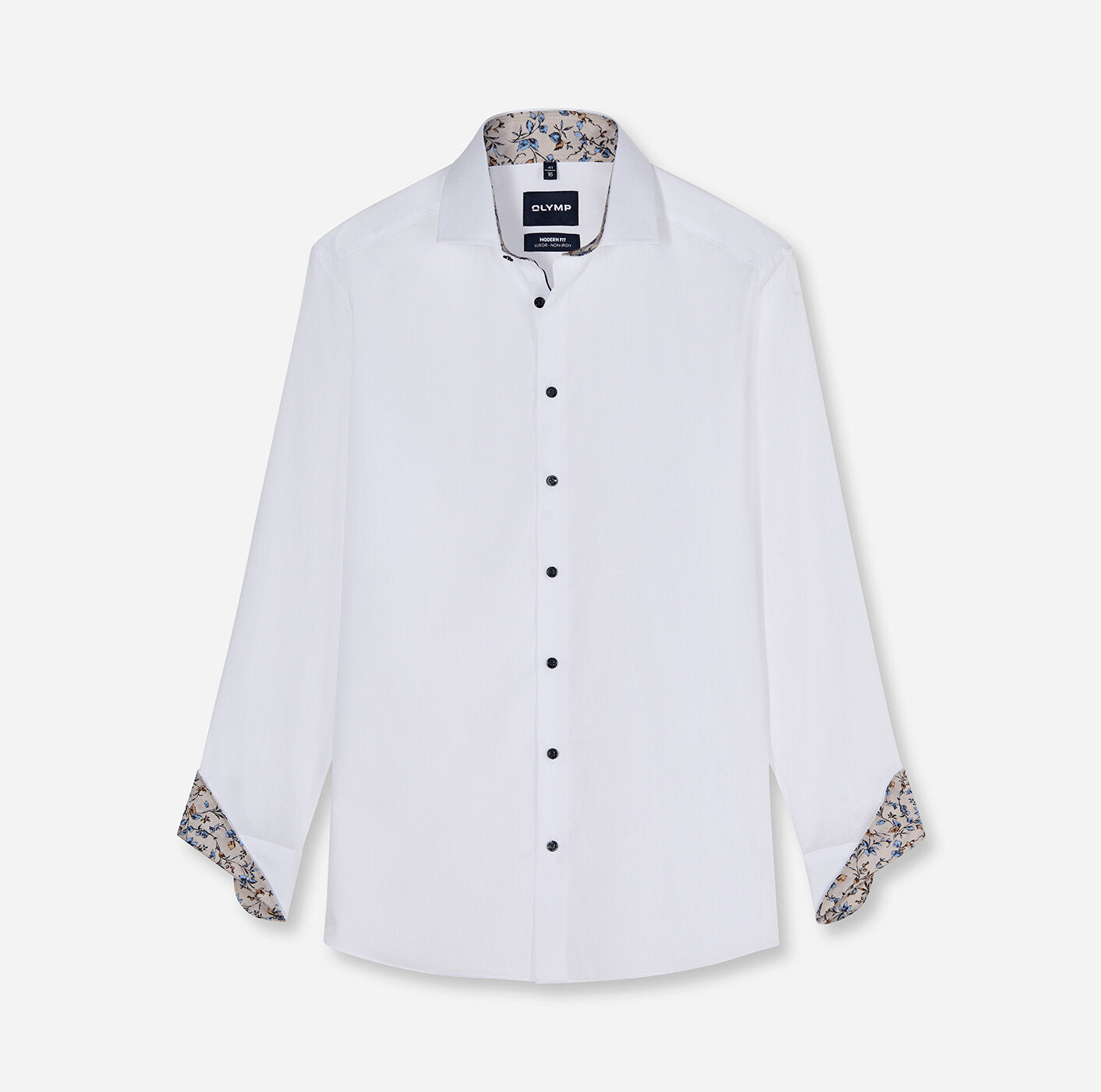 A white long-sleeve dress shirt with a pointed collar and contrasting floral-patterned inner collar, cuffs, and button placket, shown on a light gray background.