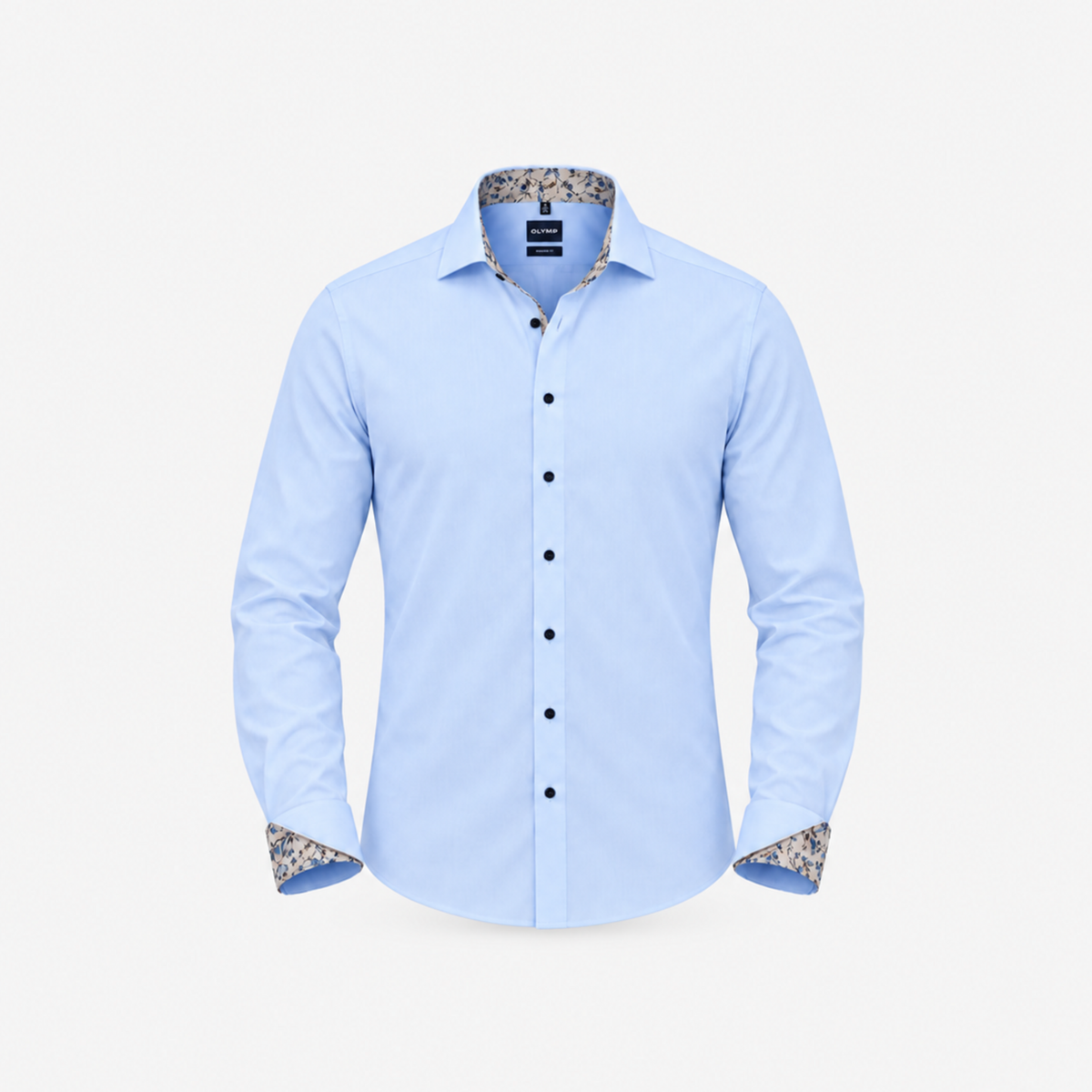 A men's long-sleeve button-down dress shirt in sky blue, featuring a patterned inner collar and patterned button-up cuffs, shown on a clean white background.