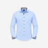 A men's long-sleeve button-down dress shirt in sky blue, featuring a patterned inner collar and patterned button-up cuffs, shown on a clean white background.