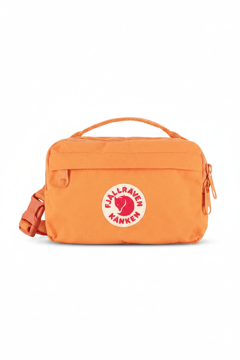 Orange bag with Fjällräven Kånken logo on a white background