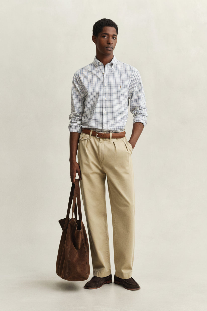 Man wearing a checkered shirt, beige pants, and brown shoes holding a leather bag against a plain background