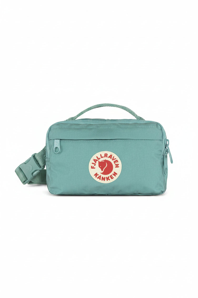 Sky blue bag with Fjällräven Kånken logo on a white background