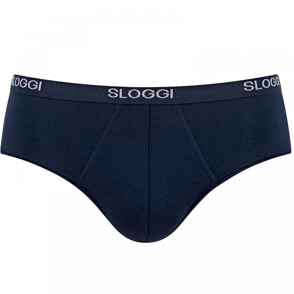 Navy blue men's underwear with Sloggi waistband on a white background