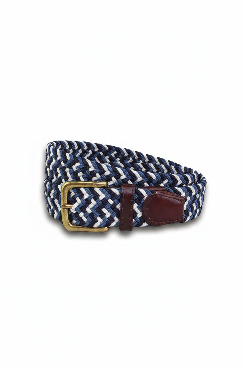 Navy and white braided belt with a gold buckle on a white background