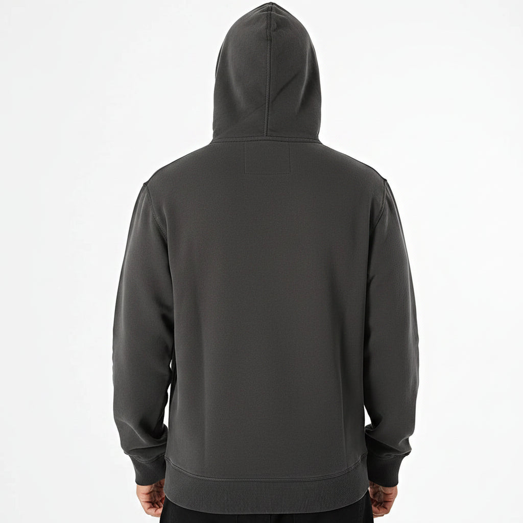 A man wearing a dark charcoal gray hooded sweatshirt, shown from the back against a clean white studio background.