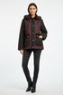 A Barbour hooded jacket with a dark purple body, black sleeves, and a dark brown faux-fur collar and pocket flaps, featuring gold-tone hardware.