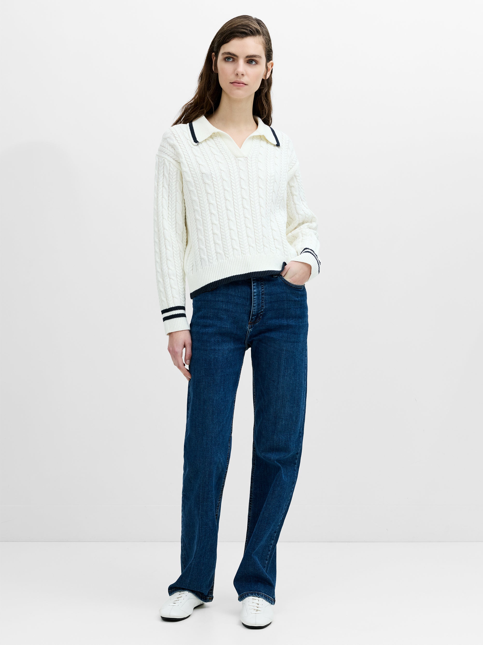 French Connection Klara White Cable Knit Polo Jumper in Winter White/New Navy