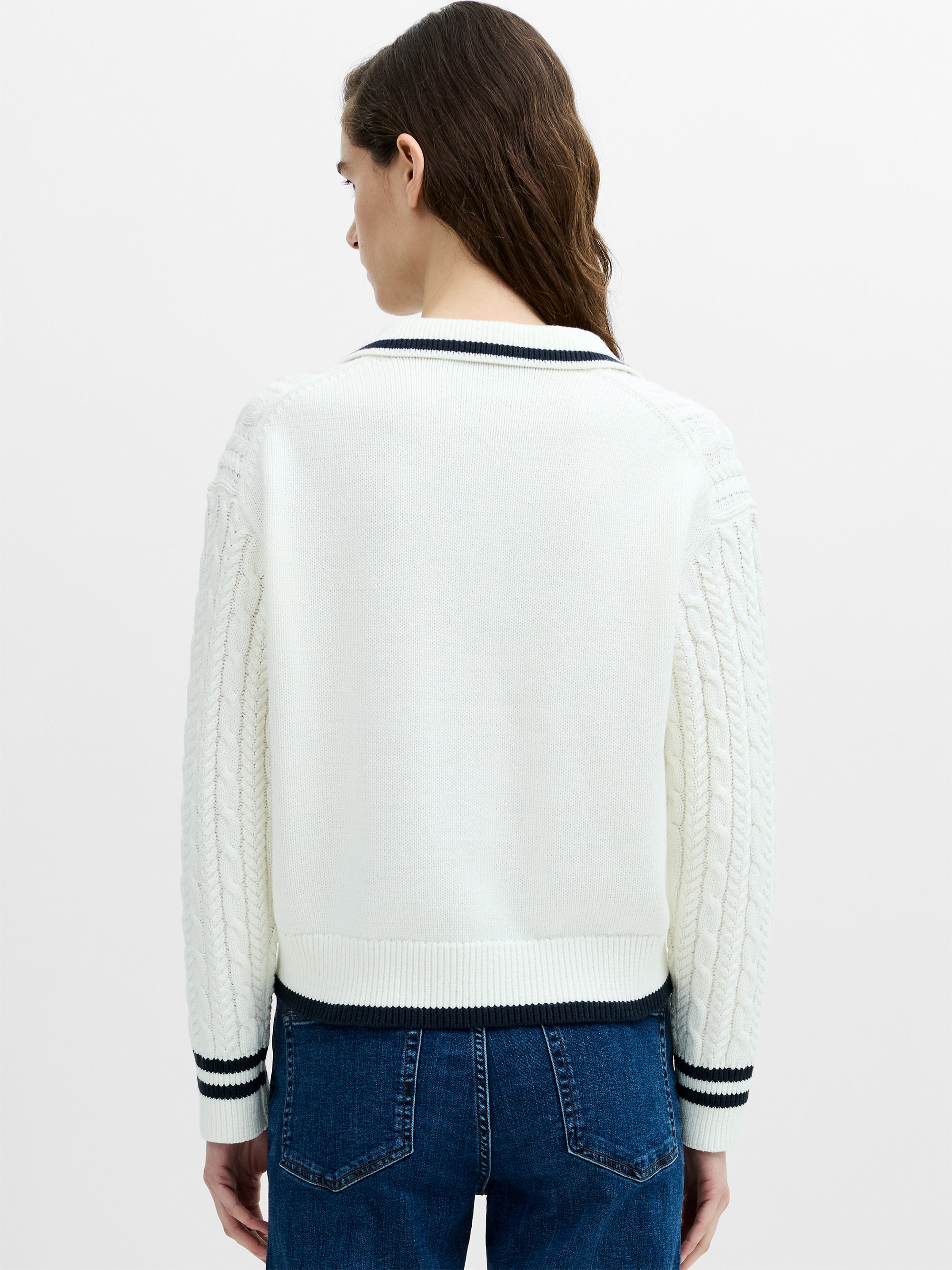 French Connection Klara White Cable Knit Polo Jumper in Winter White/New Navy