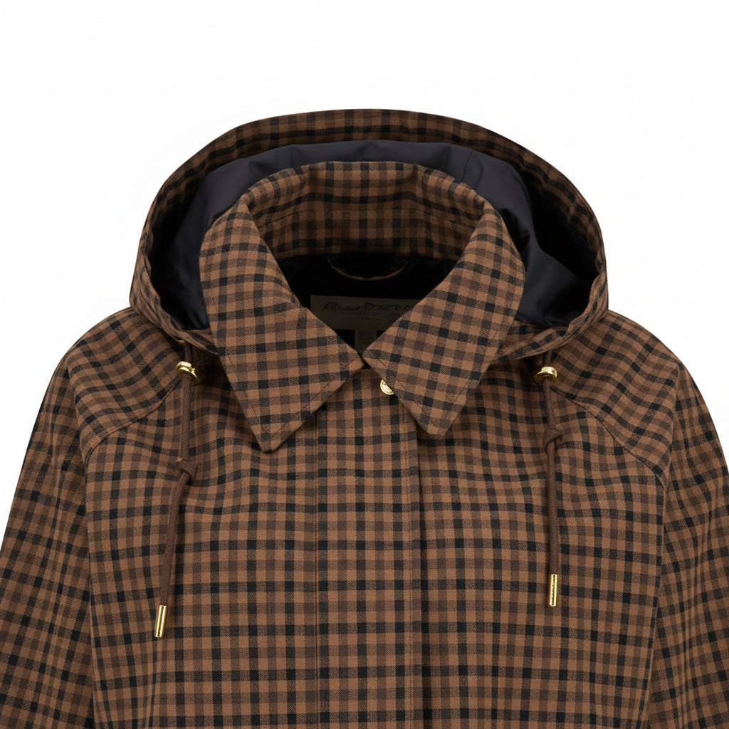 Brown plaid jacket with a hood on a white background