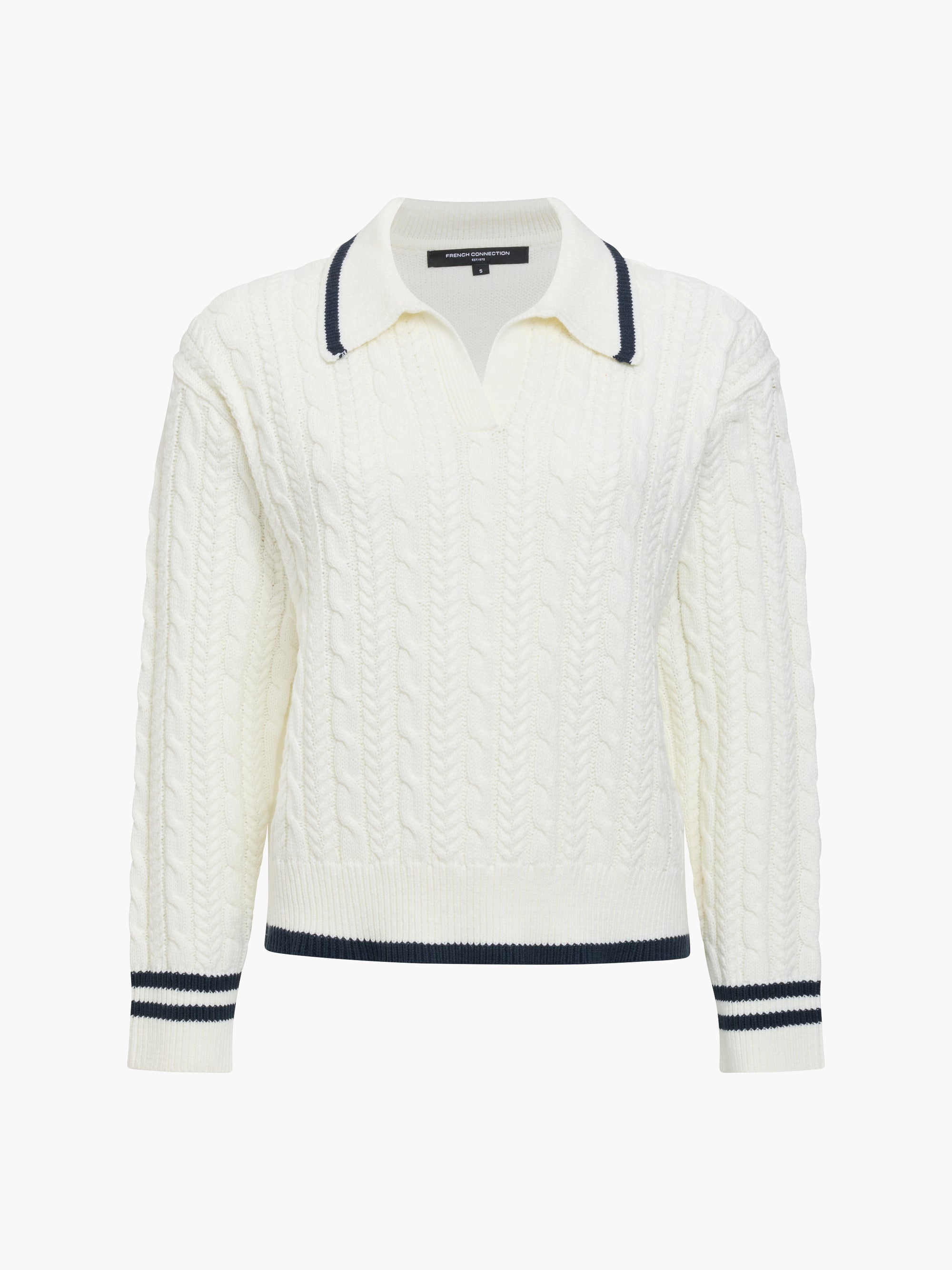 French Connection Klara White Cable Knit Polo Jumper in Winter White/New Navy