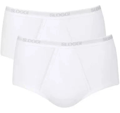 Two pairs of white boxer briefs with Sloggi branding on a white background