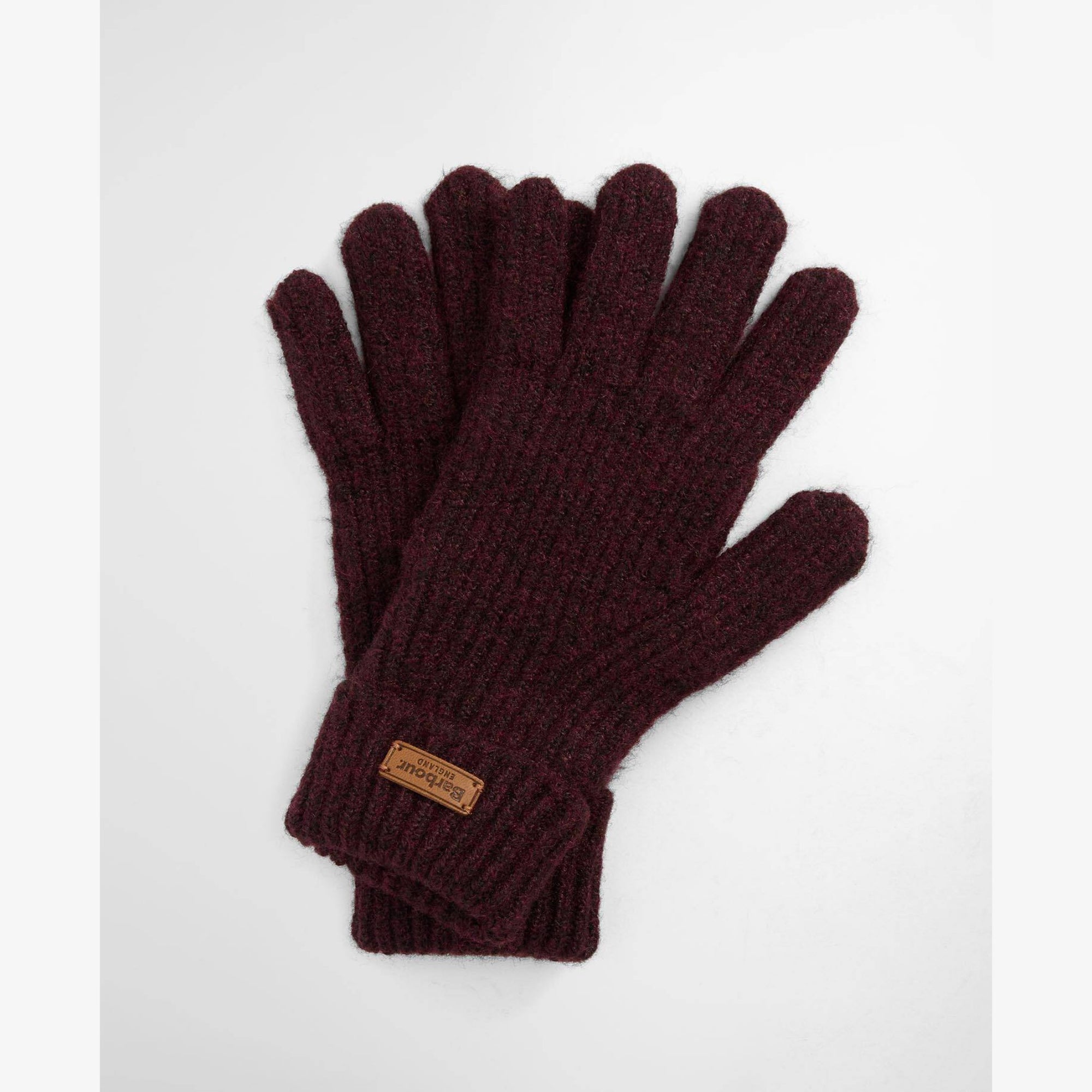 Pair of wine colour gloves with a brand logo on a light gray background