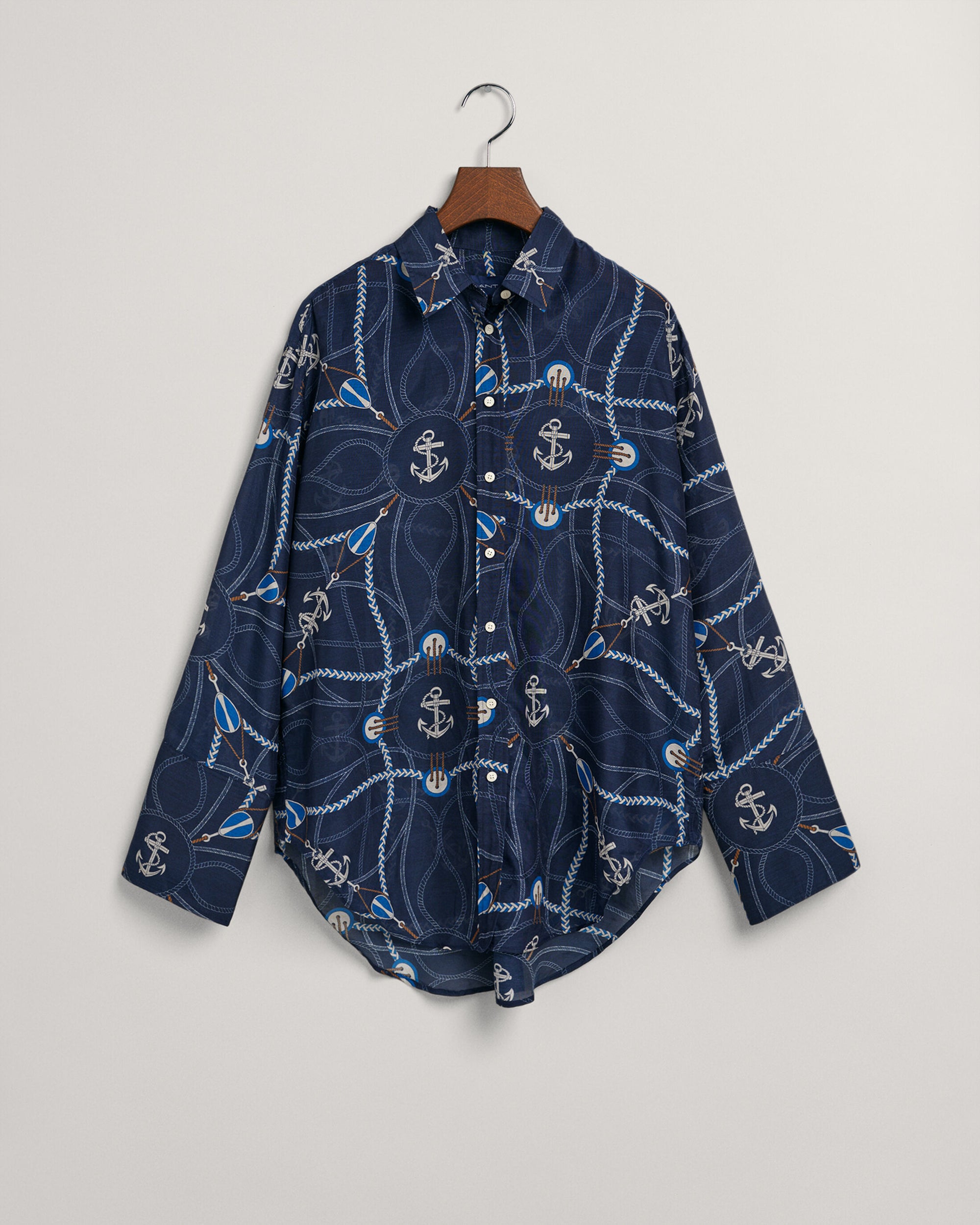 GANT Relaxed Fit Sailing Print Cotton Silk Blouse Evening Blue 0154