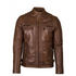 A tan Helium Nappa leather biker jacket with a standing collar, zip fasteners on the chest and sleeve cuffs, and a slim-fit design.
