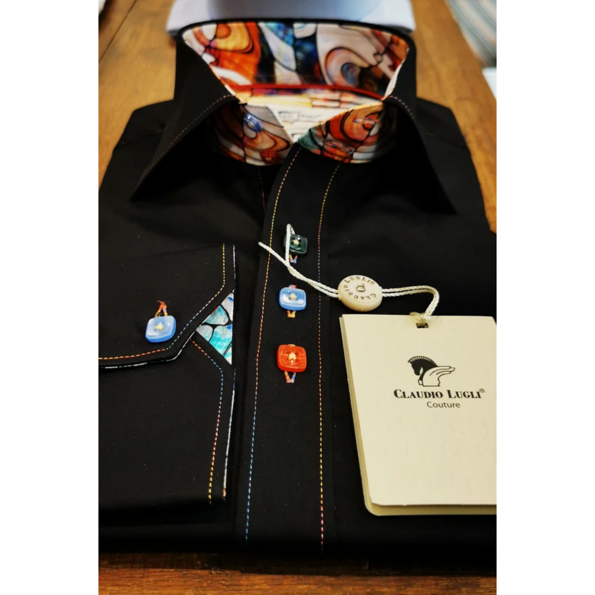 Claudio Lugli Slim Black Shirt Rainbow Stitch CP6535