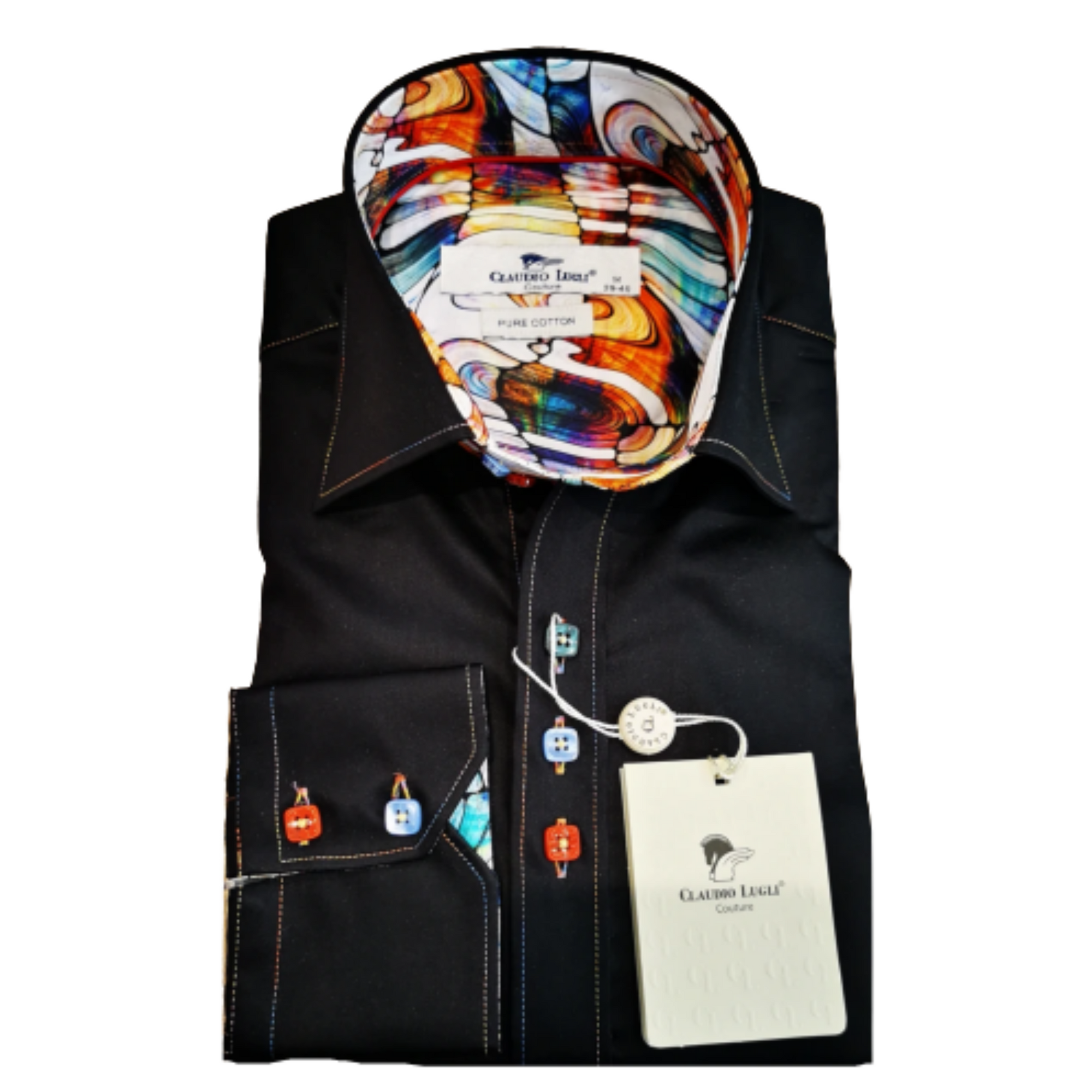 Claudio Lugli Slim Black Shirt Rainbow Stitch CP6535