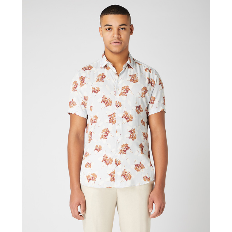Remus Uomo Tapered Fit Large Leaf Print Short Sleeve Shirt 13747