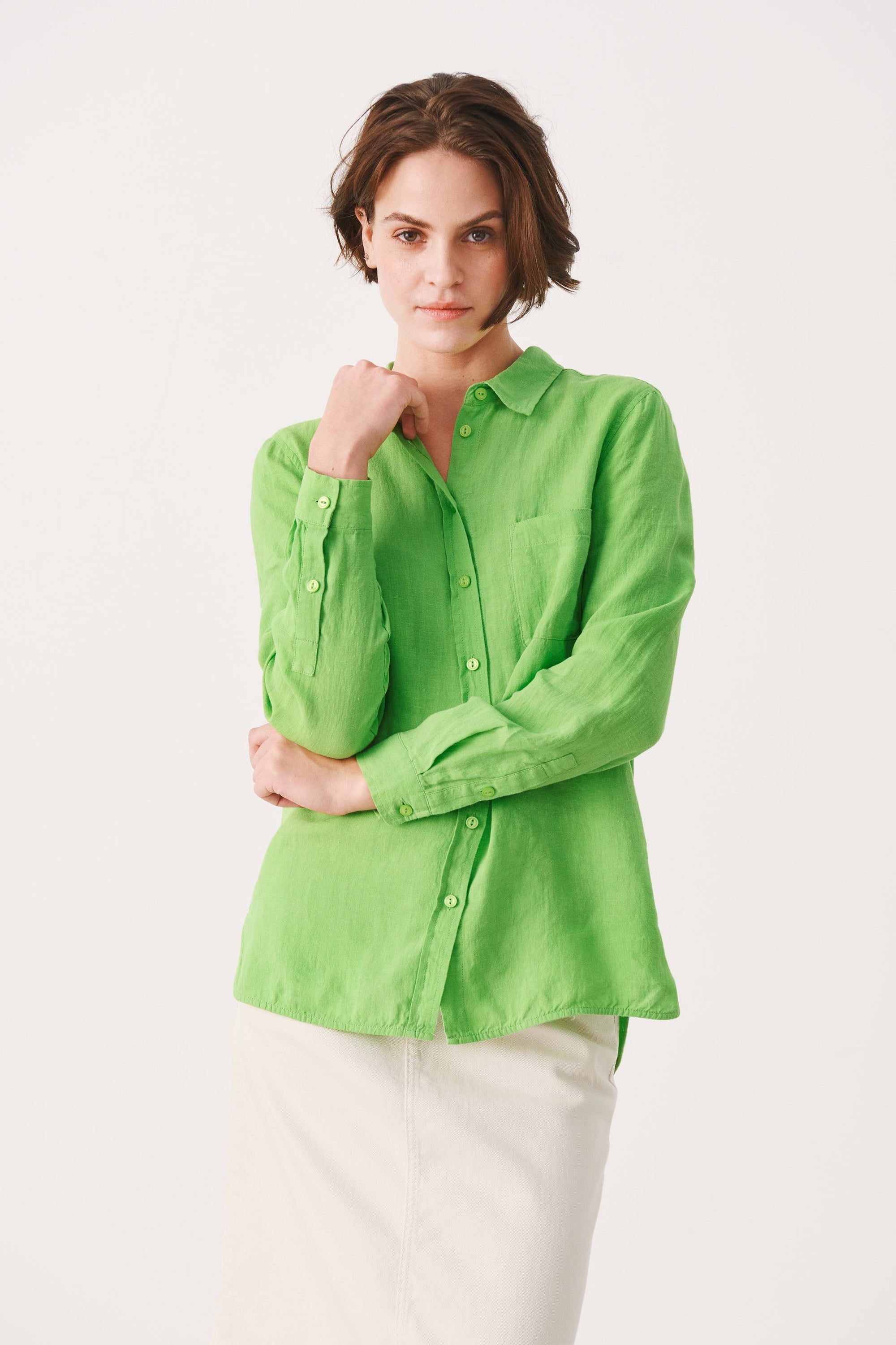 Part Two Kivas Long Sleeve Linen Shirt in Grass Green 6952