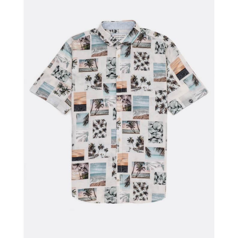 Colours &amp; Sons Short Sleeve Pure Cotton Shirt Postcards Print 9223-382